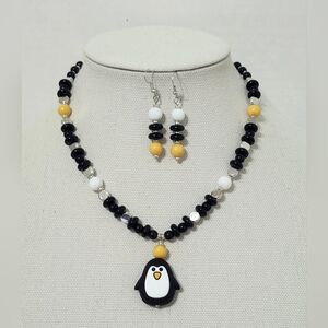 Penguin Beaded Necklace and Earring Set Playful Whimsical Animal Ocean Sea Life